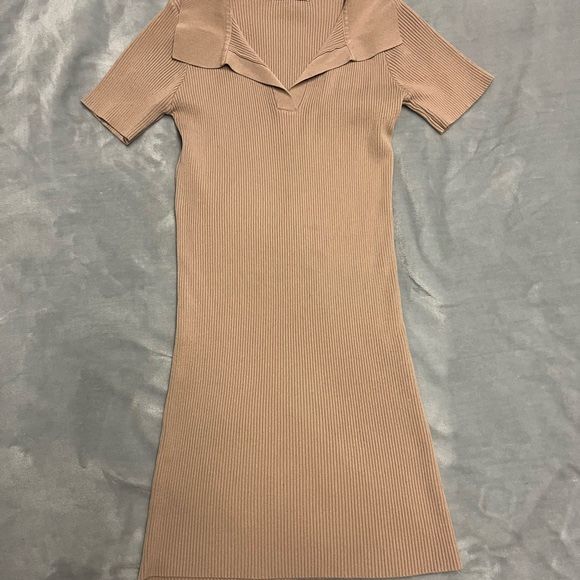 Tan Ribbed Sheath Midi Dress with Sailor Collar