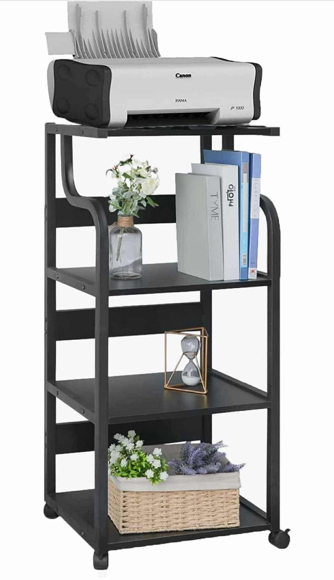 Printer Stand 4-Tier Printer Stand with Storage 41.3'' Mobile Printer Cart with Lockable Wheels Large Printer Desk (Black) Printer Stand for Desk