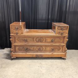Vintage Carved Wood Six-Drawer Dresser with Casters