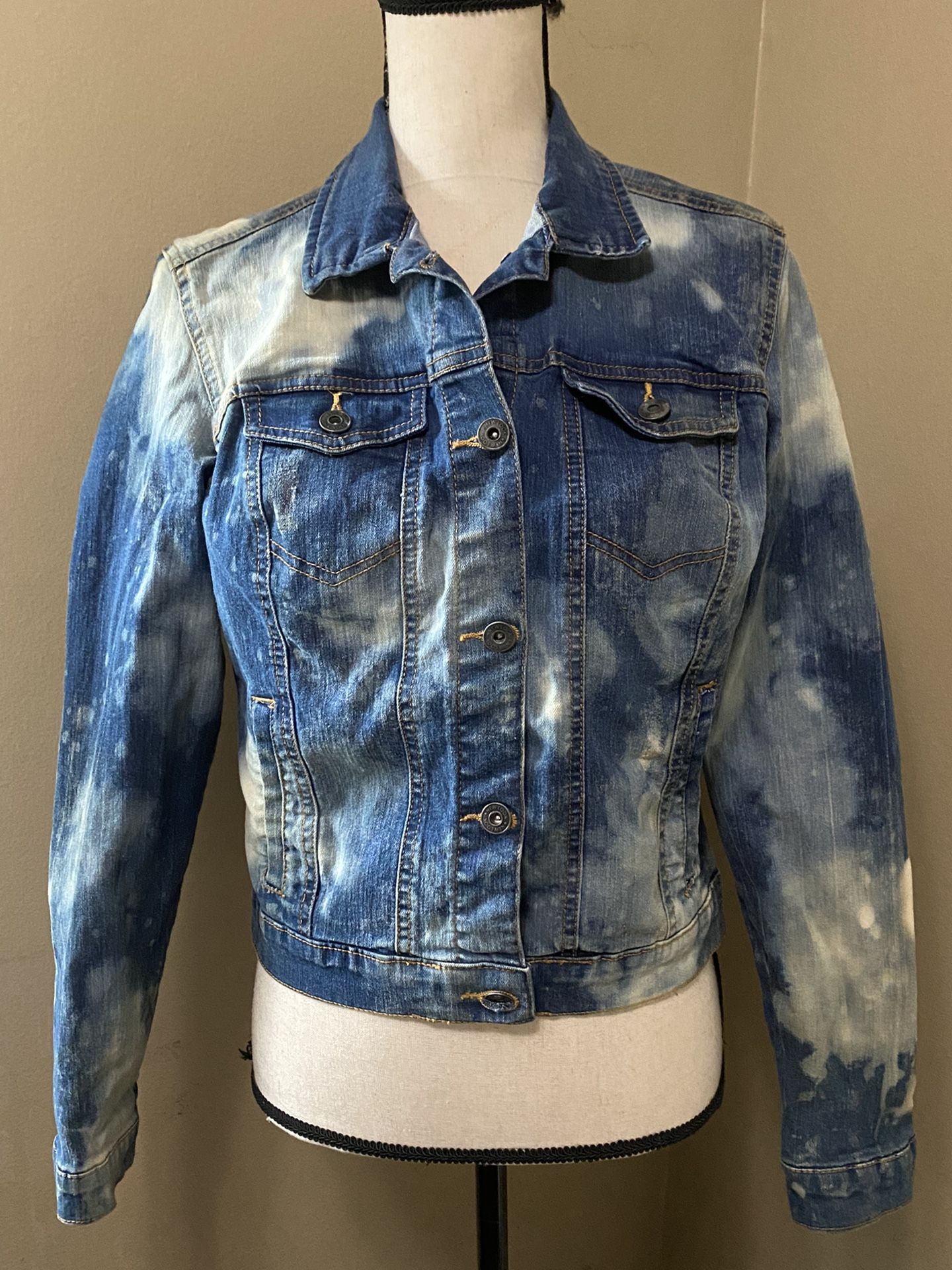 NEW LOOK Acid Wash Bleached Denim Jean Jacket Button Front Girls Size L
