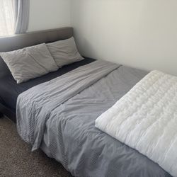 West Elm Solid wood Bed Frame And Leather Headboard