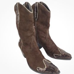 Splash Women's 6 1/2 Brown Suede Sequin Tip Western Boots Pointed Toe Cowgirl Cowboy