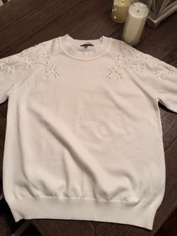 White Knit Sweater with Pearl Embellishments
