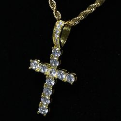 Gold Toned Stainless Steel Cubic Zirconia Cross Chain
