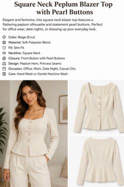 105 | 2Xl Square Neck Peplum Blazer Top with Pearl Buttons |