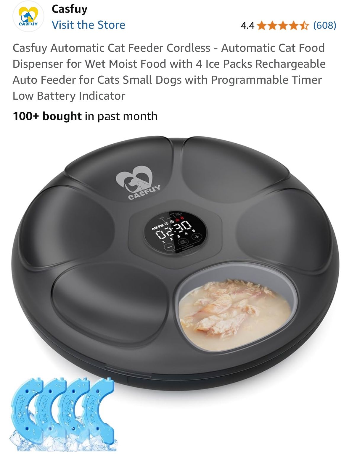 Casfuy Automatic Cat Feeder Cordless - Automatic Cat Food Dispenser for Wet Moist Food with 4 Ice Packs Rechargeable Auto Feeder for Cats Small Dogs w