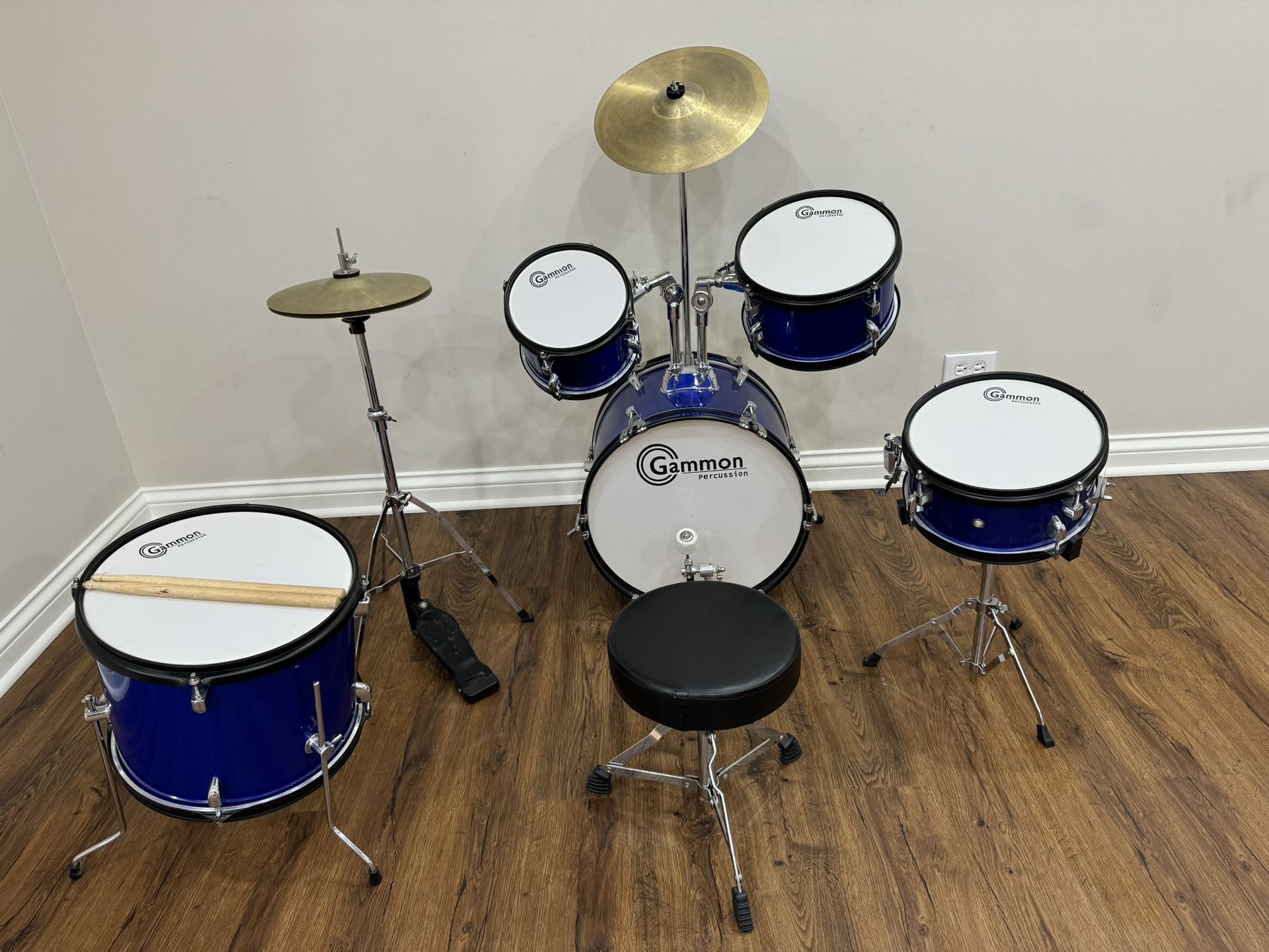 5-Piece Junior Starter Drum Kit with Cymbals, Hardware, Sticks, & Throne - Blue