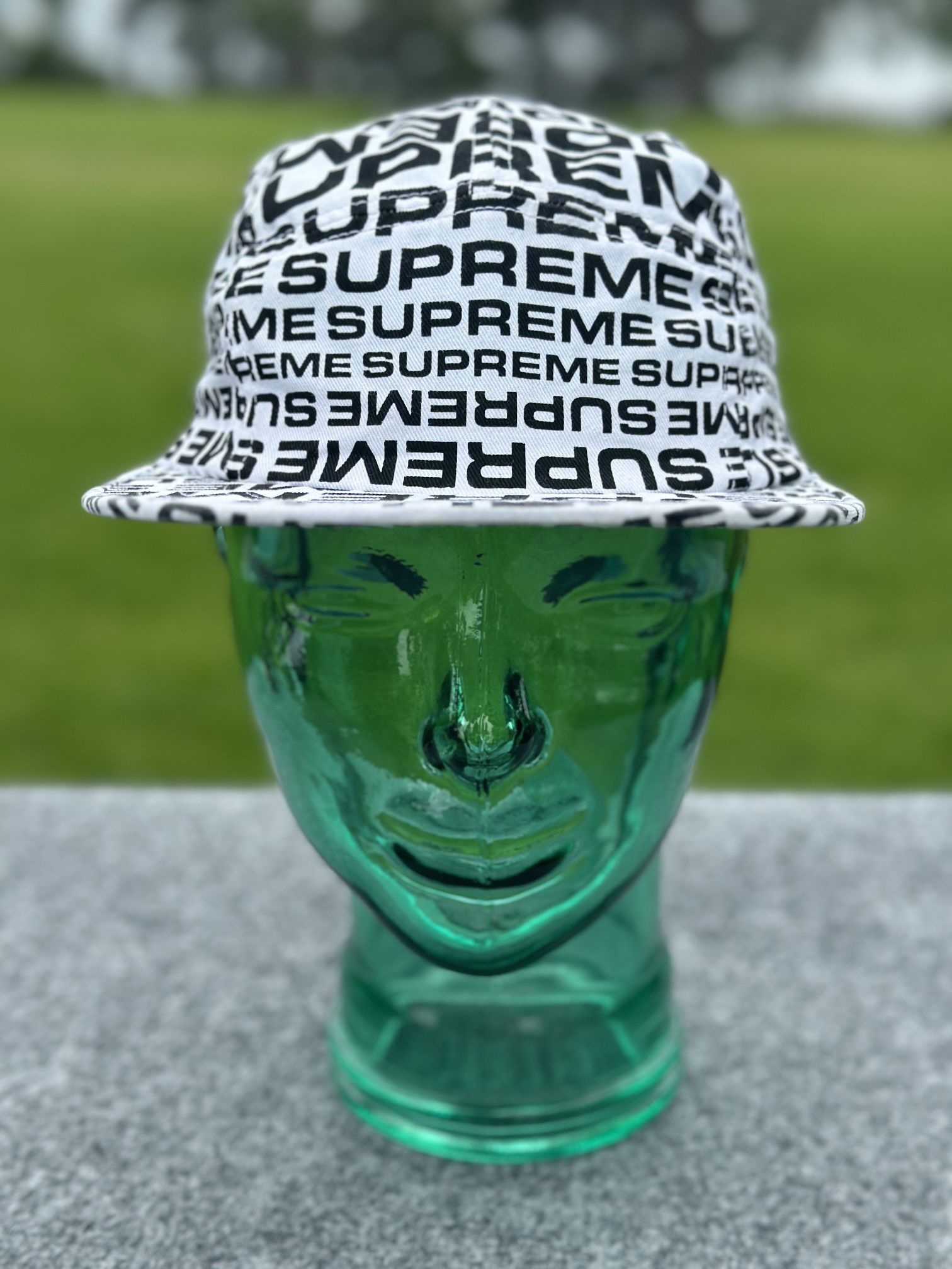 NWOT SUPREME ALL OVER PRINT REPEATER CAMP CAP HAT WHITE BLACK for