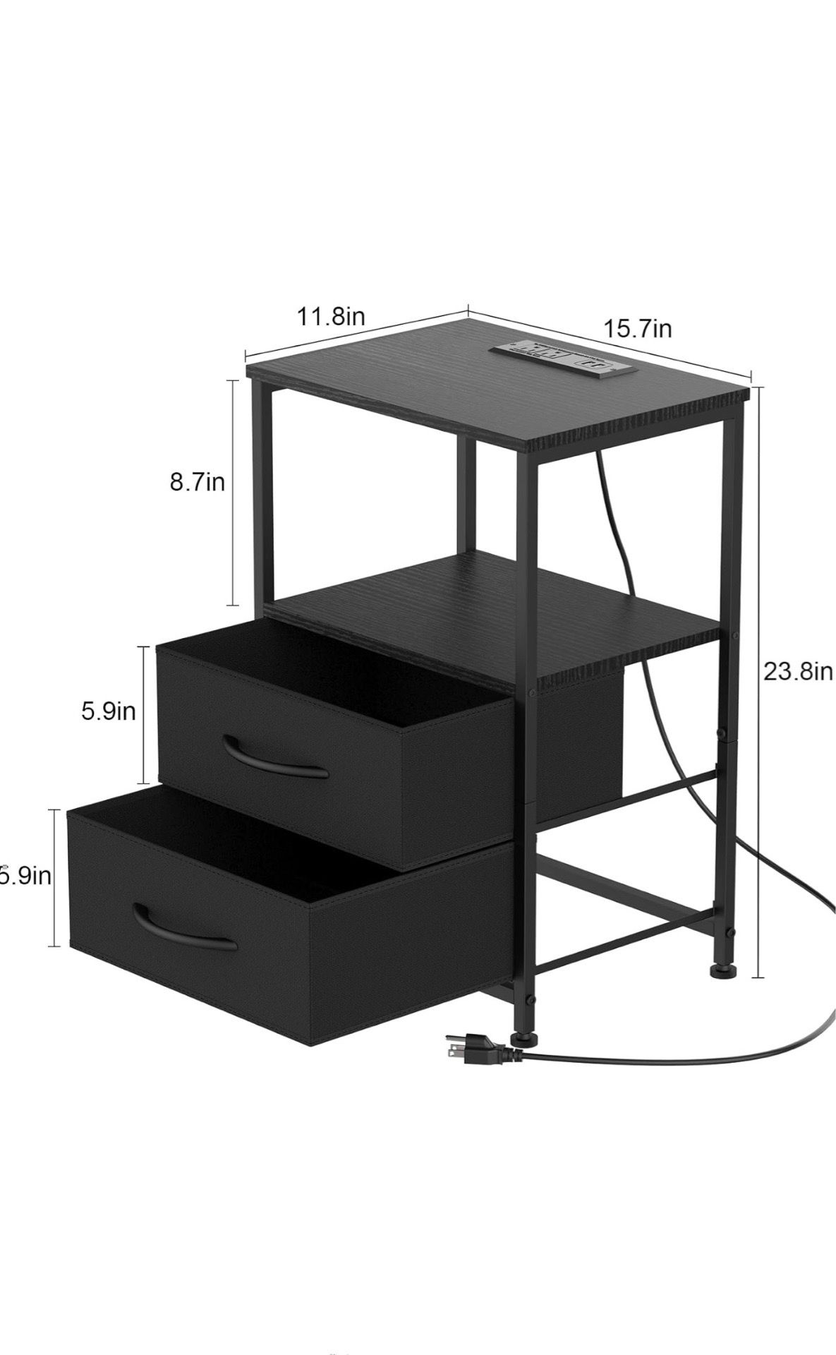 Nightstand with Charging Station Modern End Table with USB Ports and Outlets Black Bedside Table with 2 Fabric Storage Drawers for Bedroom Living Room