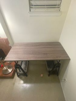 Industrial Style Adjustable Desk / Work Table – Wood Grain Top & Metal Trestle Legs