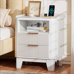 White Fluted Nightstand with Charging Station & 2 Drawers for Bedroom
20" Wide