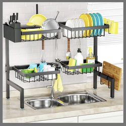 SNSLXH 4 Baskets 2-Tier Over The Sink Dish Drying Rack, 26.57"-35", Large Sink Rack For Kitchen, Extensible And Adjustable, Saving Kitchen Space