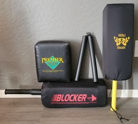 Karate Martial Arts Gear - (2) Single Blockers, (1) Square Hand Target, (1) Foam Corded 12" Nunchaku