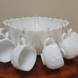 Antique Milk Glass Punch Bowl Set 