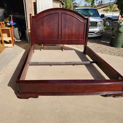 Cal-King solid wood sleigh-style bed frame, headboard, footboard, side rails