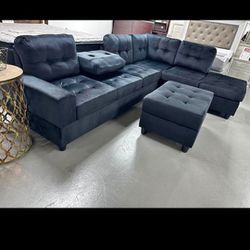 New Black Velvet Reversible Sectional With Ottoman 