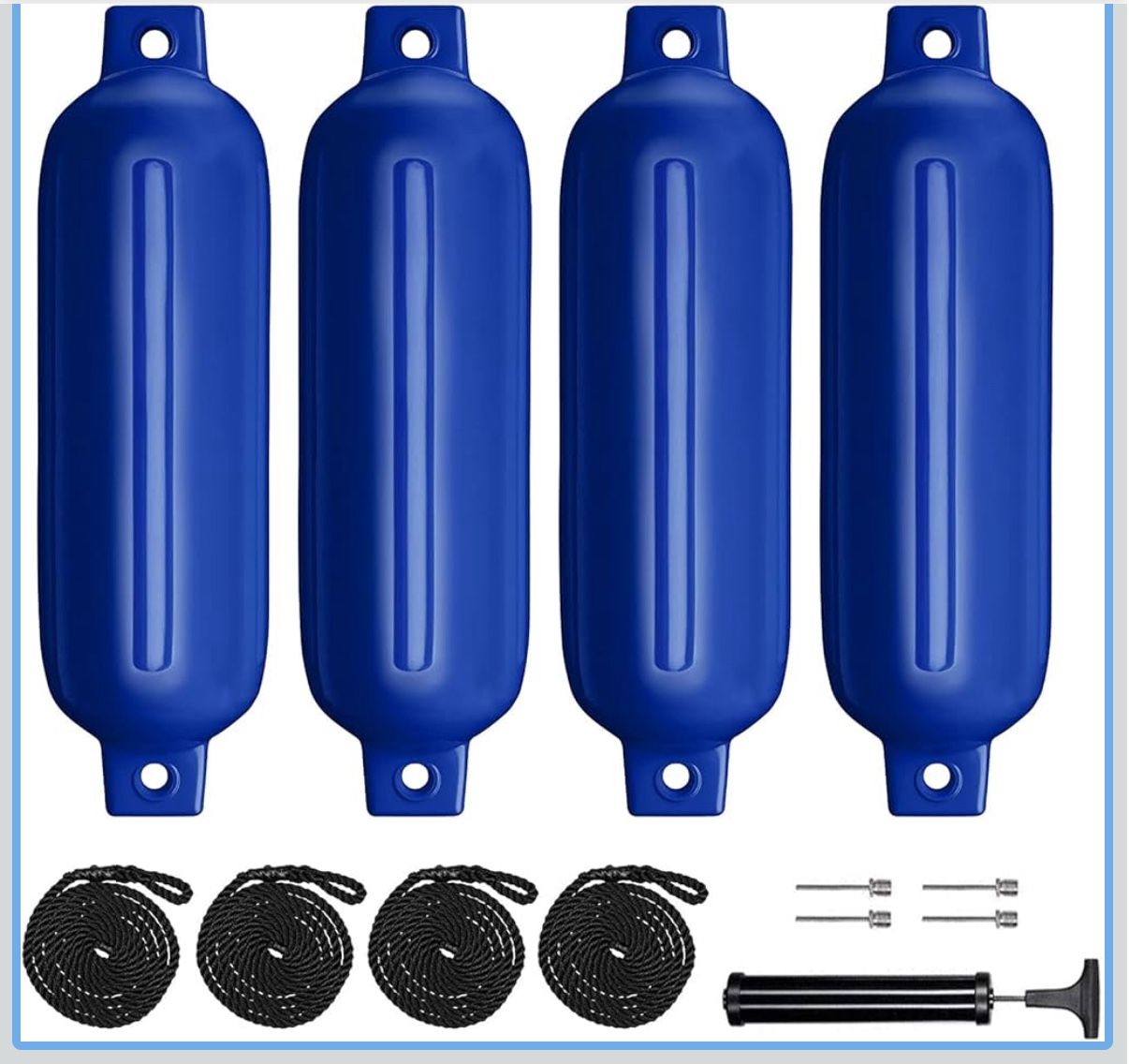 Boat Fenders 4Pack 4.5"/5.5."/6.5"/8.5" Inflatable Ribbed Marine Boat Fender with Fender Lines 6.5ft Needles and Pump for Twin Eyes Boat Fender Bumper
