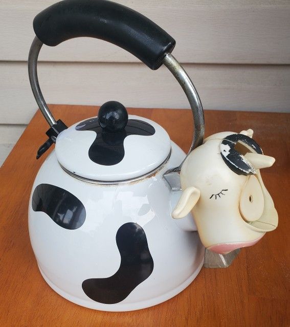 Vintage M Kamenstein Cow Tea Kettle Enamel Whistling Teapot 1992 Unique Rare