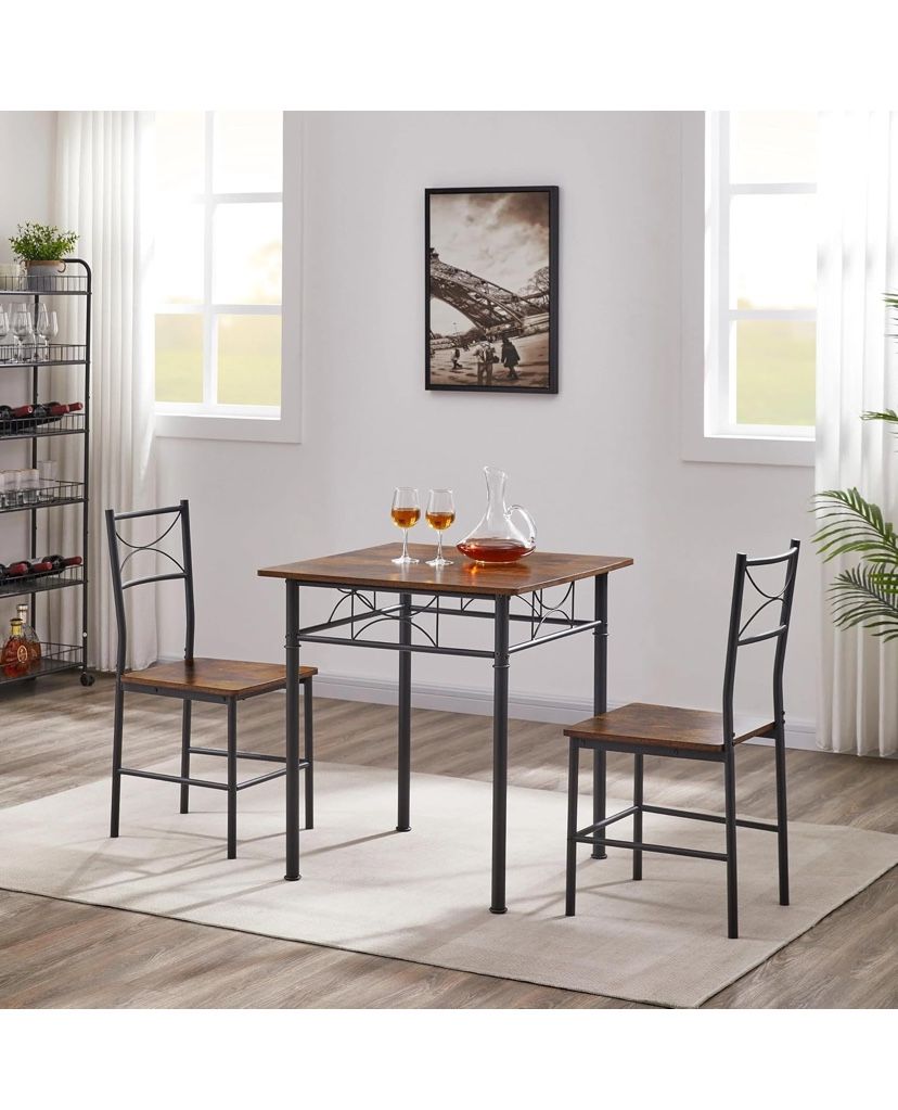 Retro Small Kitchen Dining Room Table Set and Chairs, Square Bistro Sets with 2 Chairs, 3-Piece Pub Dining Furniture, Wood Top for Breakfast Dinner Co