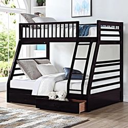 Twin / Full Bunk Bed Frame with 2 Drawers Espresso Finish