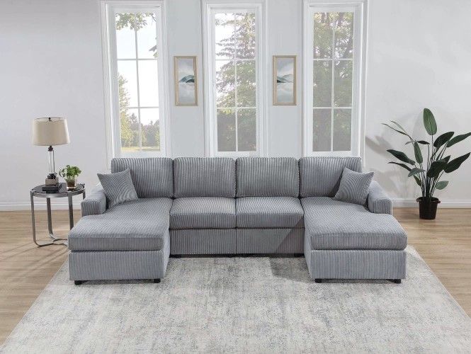 Brand New Light Grey Corduroy Sectional Sofa (Pillows Included)