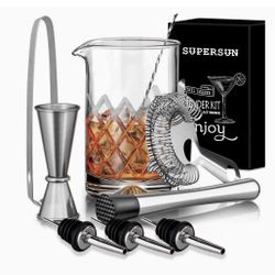 Cocktail Mixing Glass Kit, SUPERSUN 9 Piece Home Bar Gift Set - Drink Mixer with 18oz 500ml Lead-Free Glass, Cocktail Strainer, Muddler, Jigger, Profe