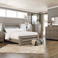 ⭐^Zelen-Warm Gray-7Pc.Dresser-Mirror-(QUEEN)Panel BED2 Nightstands~⭐^

