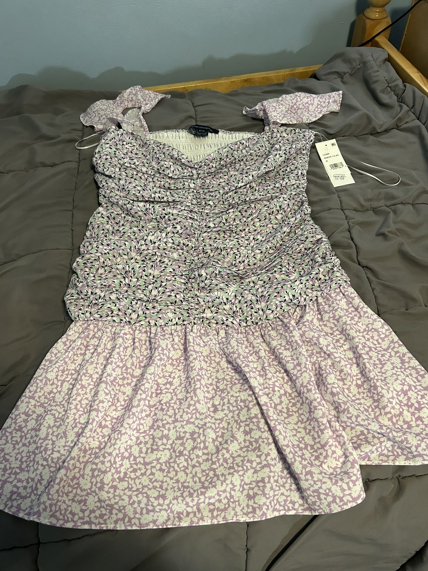 French Connection Sheer Lilac Floral Ruched Mini Sundress - Women’s Size Large - NWT -
