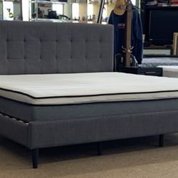King Platform Grey Upholstered Bed Frame 