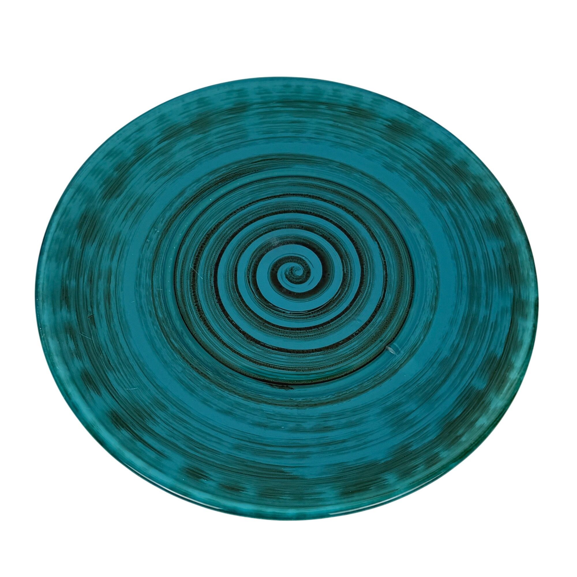 Teal Swirl Round Glass Platter Plate Decor 12-1/2"