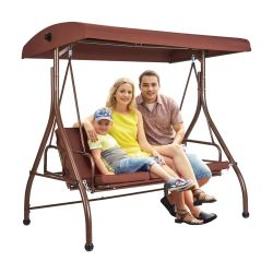 3-Seat Patio Swing Chair, Converting Canopy Swing, Outdoor Patio Porch with Adjustable Canopy, Removable Thick Cushion and Alloy Steel Frame, for Balc