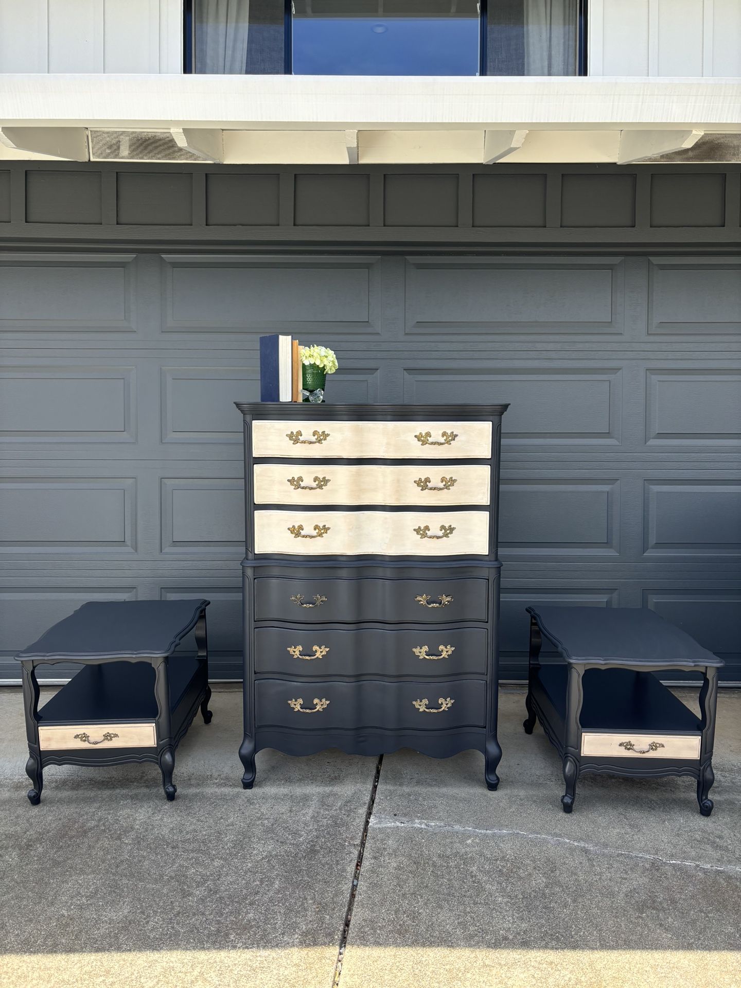 Vintage French Provincial Set With Serpentine Tall Dresser and A Pair of Side Tables / Nightstands