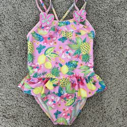 4-5 Size Girls Bathing Suit Floral With Butterflies & Ruffles 