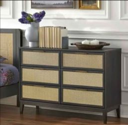 Black  6 Drawer Dresser with rattan (New In A Box)