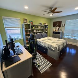 Metal bedroom set,Full bed with drawers and wall unit, dresser and computer table. Great condition.