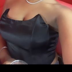 Sz. L Black Satin Corset Top (Zipper Back)