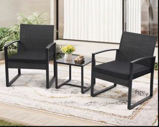 3pcs Outdoor Furniture Set, Rattan Bistro Set with Coffee Table, Sturdy Steel Frame with Cushions for Garden, Balcony, Poolside, And Backyard