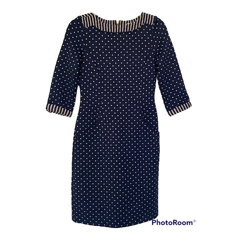 Boden Justine Jacquard Dress Quilted Dark Navy Blue Polka Dot Shift Dress Sz 2R