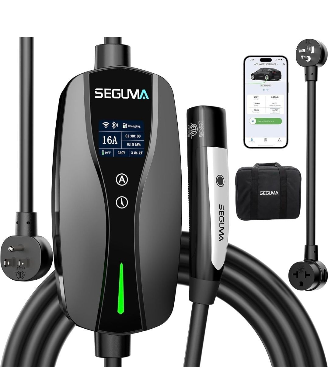 SEGUMA NACS Charger for Tesla with APP, 6-16A ETL Certified Level 1/2 Portable EV Charger, 120V/240V Dual Voltage with NEMA 5-15 Plug & 6-20 Adapter,
