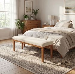 53" Cream Upholstered Bedroom Bench, Wooden Frame Foot of the Bed Bench with Fabric Seat for Bedroom, End of Bed Seat Stool