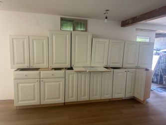 Beautiful Off-White Kitchen and Bath Cabinet Set with Crystal Knobs