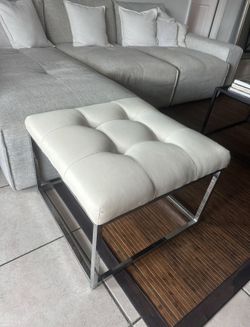 Modern Tufted White Faux Leather Ottoman / Bench - Chrome Base