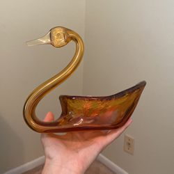Vintage Amber Glass Swan Candy Dish 