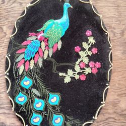 Vintage Mid-century Jeweled Peacock Velvet Picture