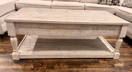 Ashley Furniture Farmhouse Coffee Table – Whitewash Wood – Drawer & Lower Shelf