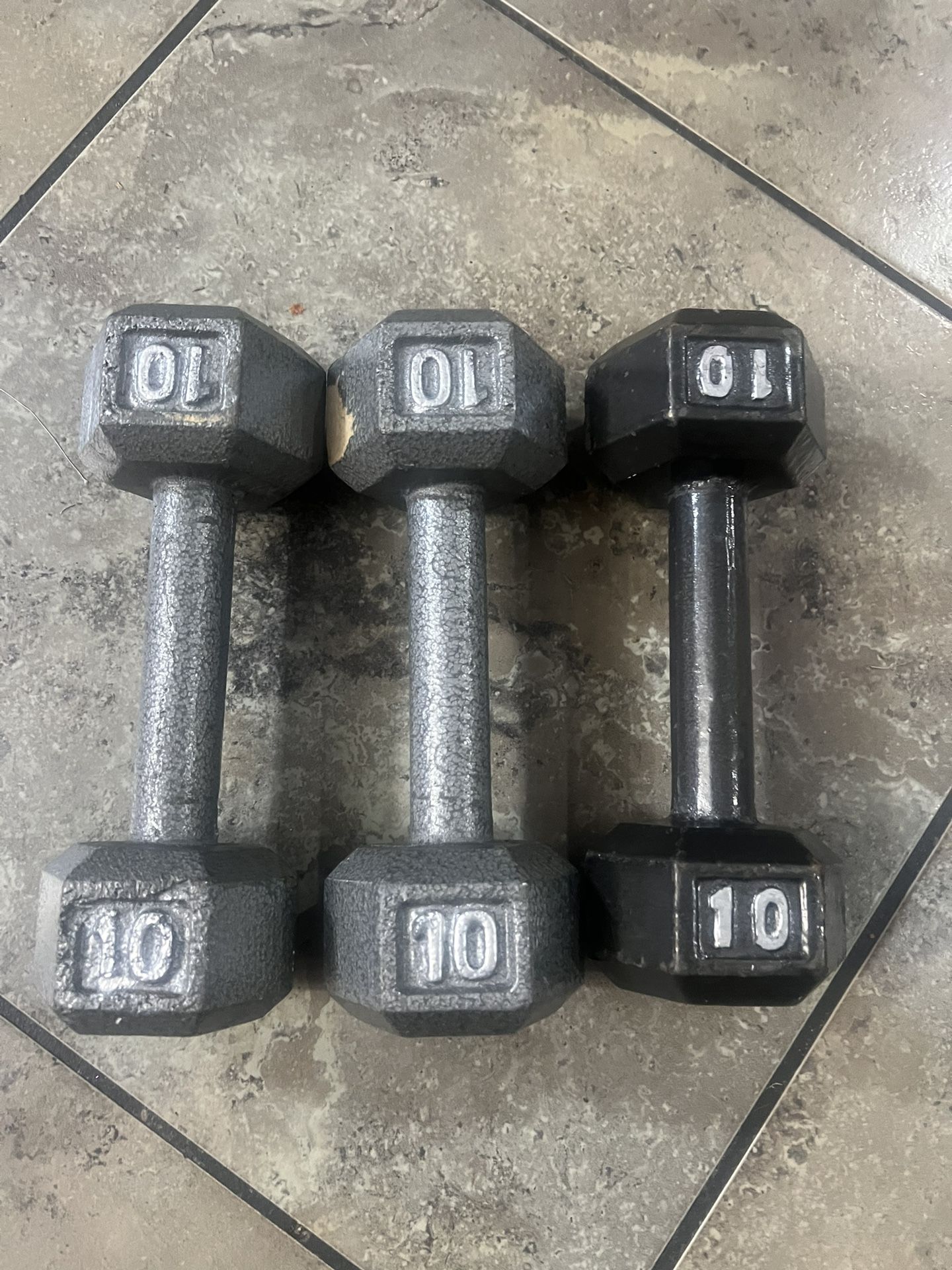 HEX HEAD STEEL DUMBBELLS 10 LB EACH SET OF 3 PREOWNED 30lbs Total.