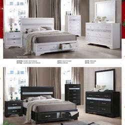 4pc Queen Bedroom Furniture Set - Modern Storage Bed + Dresser + Mirror + Nightstand 