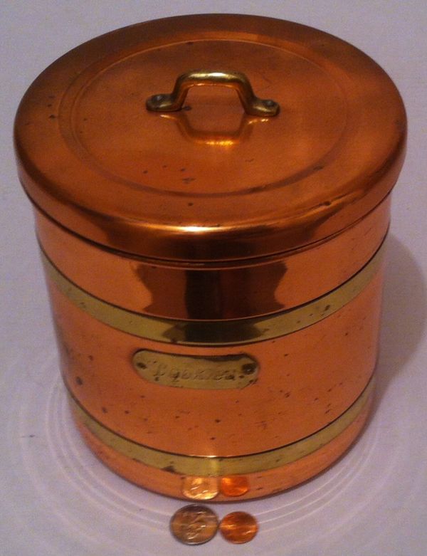 Vintage Metal Copper And Brass Storage Container Cookie Jar Bands Kitchen Decor Table Shelf Display Some Of The Varnish Has Worn For