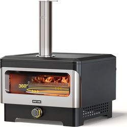 EAST OAK 12" Outdoor Pizza Oven with 360° Rotating Stone, Wood Fired Countertop Pizza Maker, Safe Pellet Filling, Outside Kitchen, Cooking, BBQ