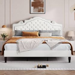 King Size Bed Frame with Adjustable Velvet Tiara Headboard, Upholstered Diamond 